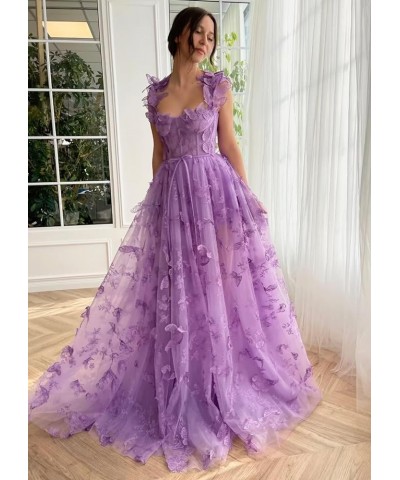 3D Butterfly Prom Dresses 2024 Long Lace Applique Tulle Ball Gown for Women Formal Evening Party Gown with Slit Silver $39.90...