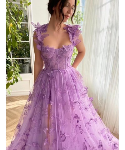 3D Butterfly Prom Dresses 2024 Long Lace Applique Tulle Ball Gown for Women Formal Evening Party Gown with Slit Silver $39.90...