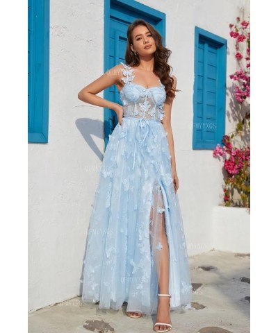 3D Butterfly Prom Dresses 2024 Long Lace Applique Tulle Ball Gown for Women Formal Evening Party Gown with Slit Silver $39.90...