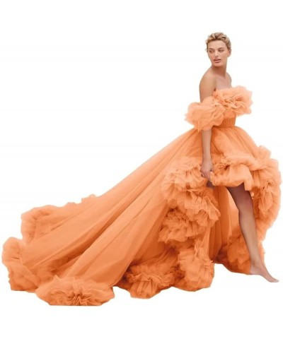 High Low Tulle Prom Dresses Long Ball Gown for Women Puffy Ruffles Off Shoulder Evening Party Dress Orange $46.40 Dresses