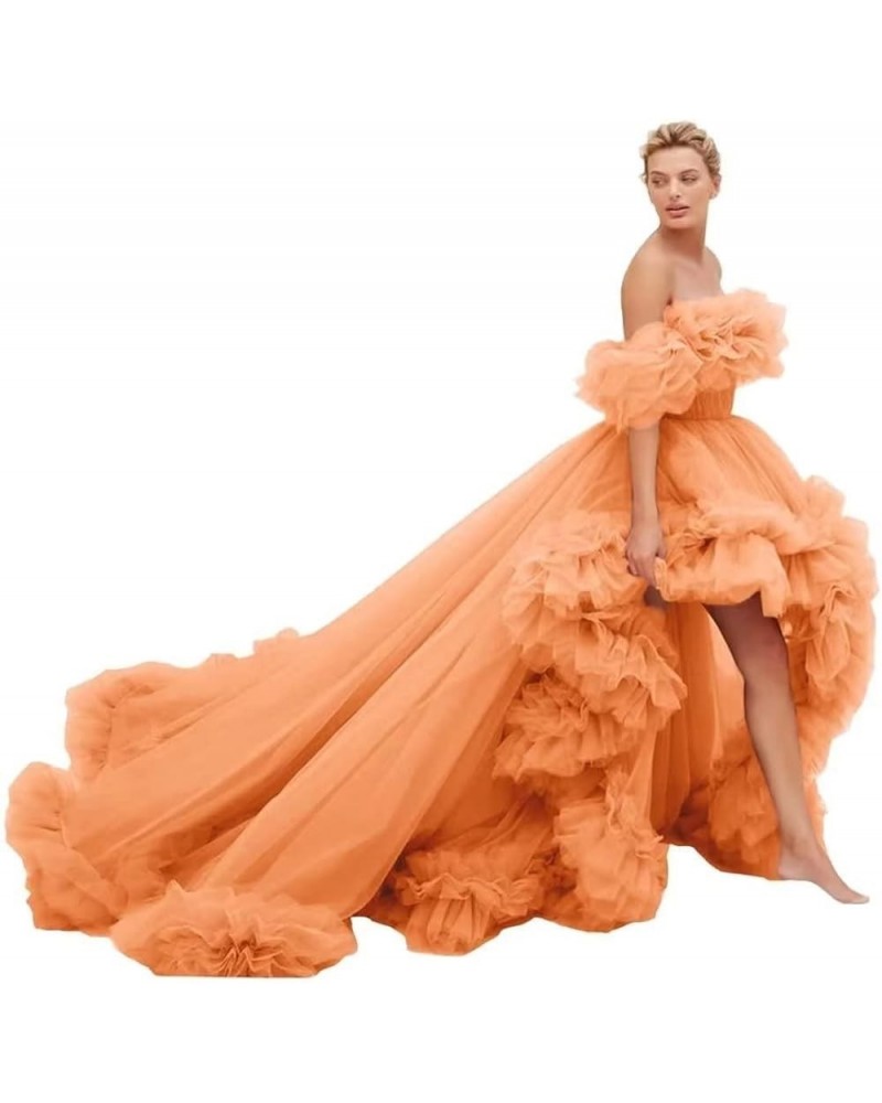 High Low Tulle Prom Dresses Long Ball Gown for Women Puffy Ruffles Off Shoulder Evening Party Dress Orange $46.40 Dresses