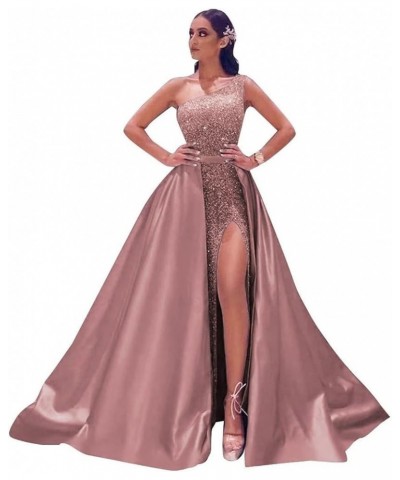 Mermaid Sequin Prom Dresses 2023 Sparkly Satin Formal Dress with Slit One Shoulder Ball Gowns Dusty Rose $40.50 Dresses