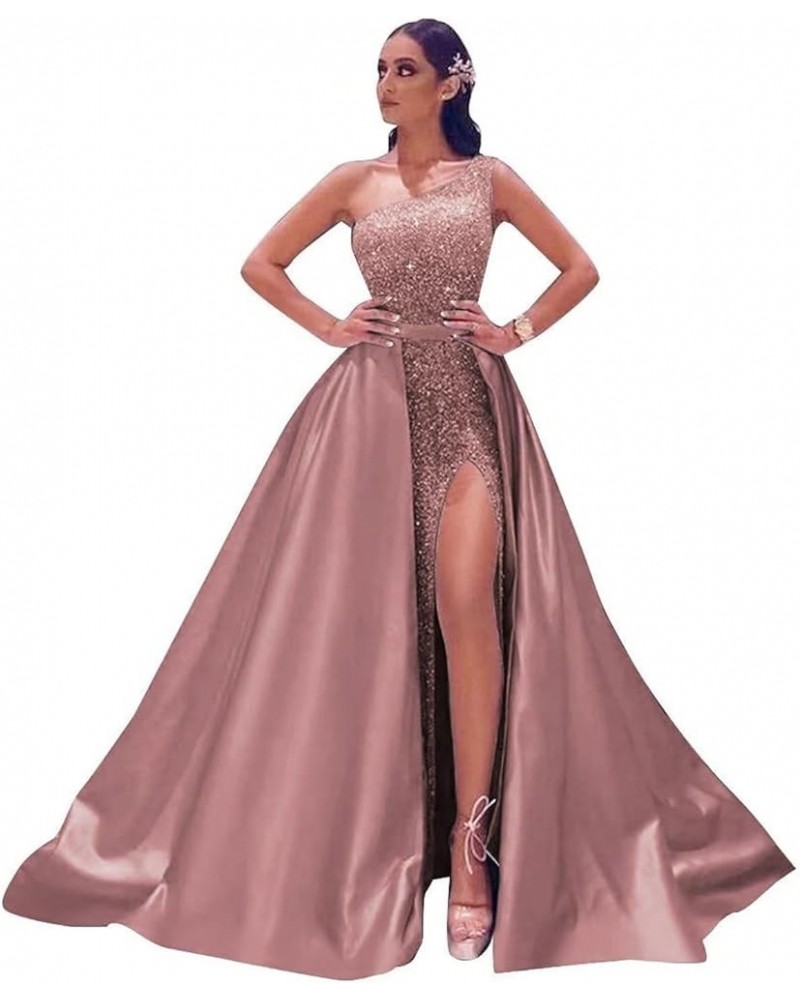 Mermaid Sequin Prom Dresses 2023 Sparkly Satin Formal Dress with Slit One Shoulder Ball Gowns Dusty Rose $40.50 Dresses