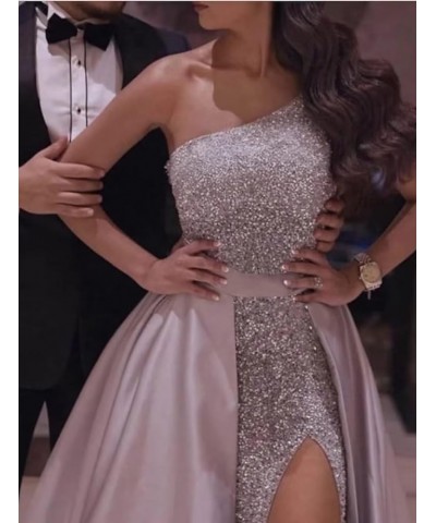 Mermaid Sequin Prom Dresses 2023 Sparkly Satin Formal Dress with Slit One Shoulder Ball Gowns Dusty Rose $40.50 Dresses