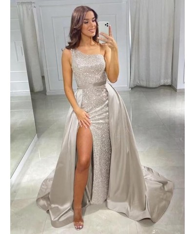 Mermaid Sequin Prom Dresses 2023 Sparkly Satin Formal Dress with Slit One Shoulder Ball Gowns Dusty Rose $40.50 Dresses