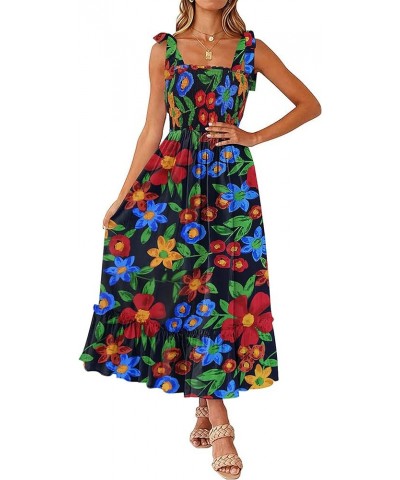 Women's Boho Dress Summer Spaghetti Strap Square Neck Flowy Ruffle Beach Long Maxi Dress Black Printed $16.17 Dresses