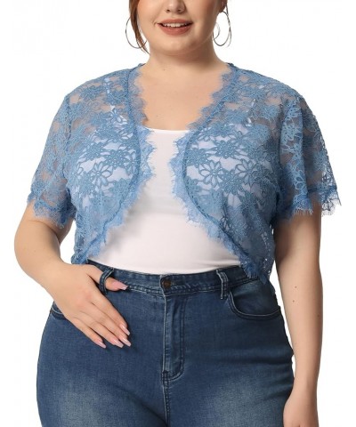 Plus Size Women's Bolero Shrug Short Sleeve Open Front Lace Crochet Cardigan Blue $12.30 Sweaters