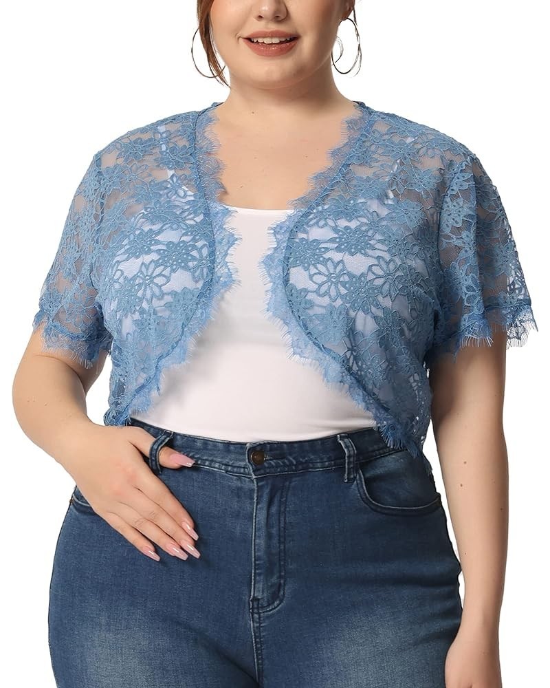 Plus Size Women's Bolero Shrug Short Sleeve Open Front Lace Crochet Cardigan Blue $12.30 Sweaters