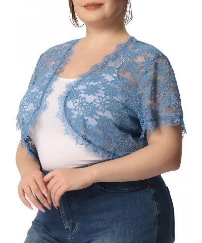 Plus Size Women's Bolero Shrug Short Sleeve Open Front Lace Crochet Cardigan Blue $12.30 Sweaters