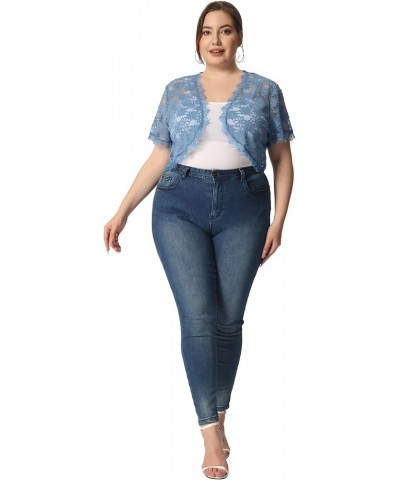 Plus Size Women's Bolero Shrug Short Sleeve Open Front Lace Crochet Cardigan Blue $12.30 Sweaters