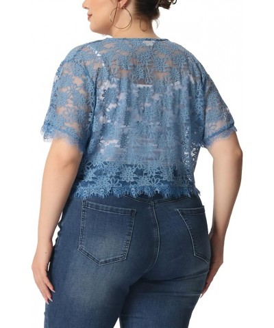 Plus Size Women's Bolero Shrug Short Sleeve Open Front Lace Crochet Cardigan Blue $12.30 Sweaters