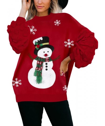 Women's Cute Funny Ugly Christmas Sweater Puff Sleeve Snowflake Reindeer Holiday Oversized Knit Pullover Red - Snowman With H...