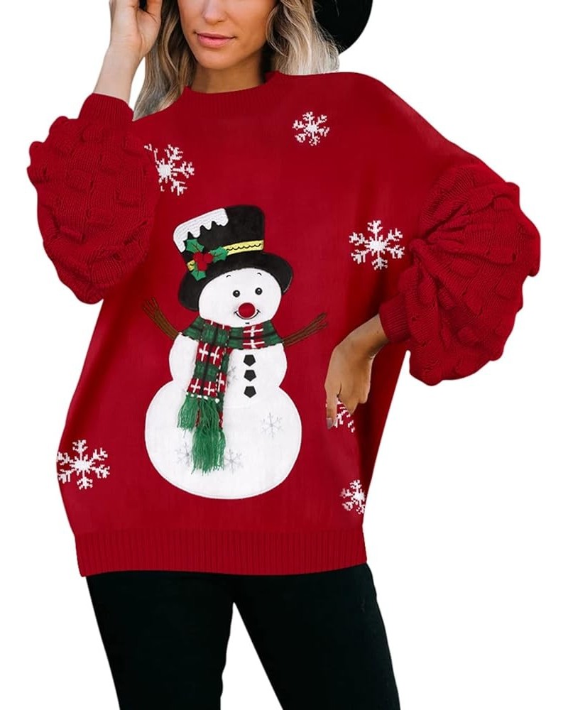 Women's Cute Funny Ugly Christmas Sweater Puff Sleeve Snowflake Reindeer Holiday Oversized Knit Pullover Red - Snowman With H...