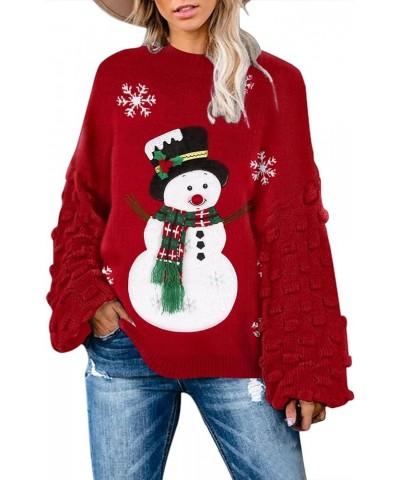 Women's Cute Funny Ugly Christmas Sweater Puff Sleeve Snowflake Reindeer Holiday Oversized Knit Pullover Red - Snowman With H...