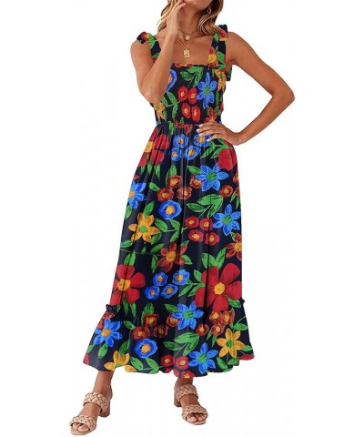 Women's Boho Dress Summer Spaghetti Strap Square Neck Flowy Ruffle Beach Long Maxi Dress Black Printed $16.17 Dresses