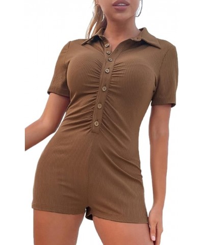 Women Short Sleeve Jumpsuit Bodycon Rompers Sexy V Neck Buttons Polo One Piece Bodysuit Knitted Overalls 3 Brown $9.00 Jumpsuits