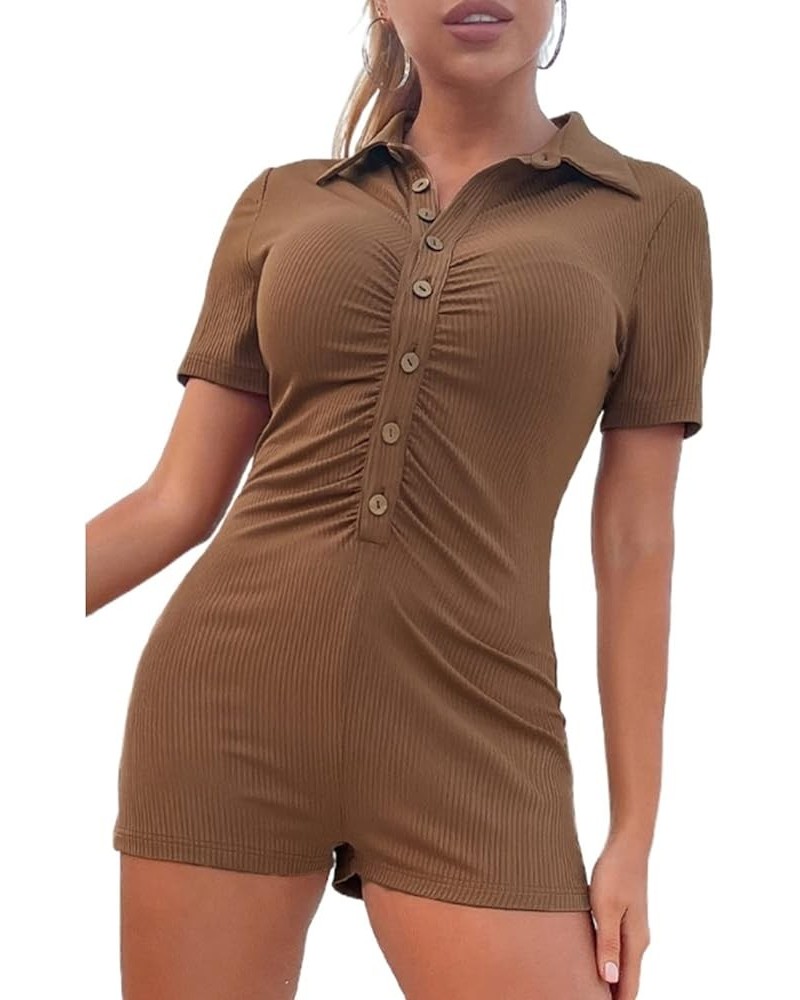 Women Short Sleeve Jumpsuit Bodycon Rompers Sexy V Neck Buttons Polo One Piece Bodysuit Knitted Overalls 3 Brown $9.00 Jumpsuits