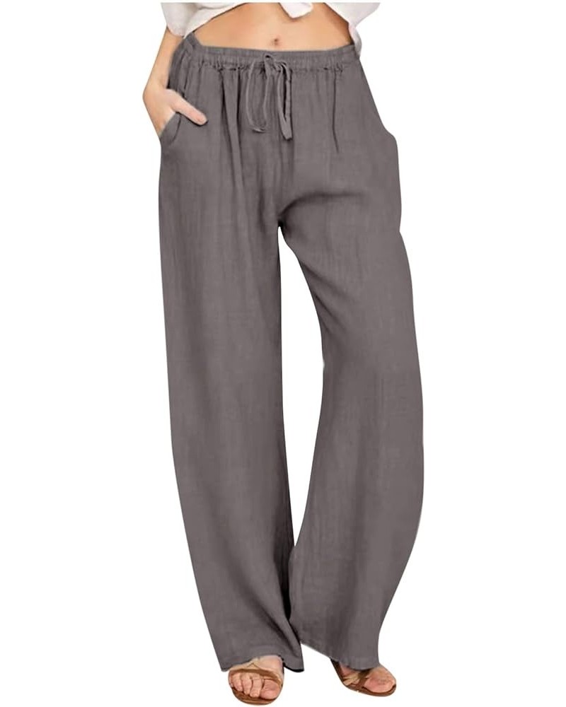 Women Long Linen Pants Casual Loose High Waist Drawstring Wide Leg Palazzo Pants Trousers with Pockets Baggy Slacks 02 Dark G...