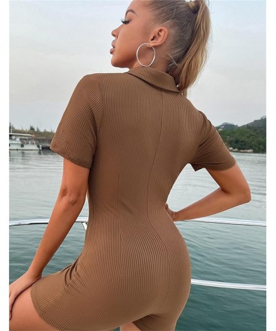 Women Short Sleeve Jumpsuit Bodycon Rompers Sexy V Neck Buttons Polo One Piece Bodysuit Knitted Overalls 3 Brown $9.00 Jumpsuits