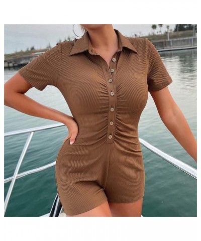 Women Short Sleeve Jumpsuit Bodycon Rompers Sexy V Neck Buttons Polo One Piece Bodysuit Knitted Overalls 3 Brown $9.00 Jumpsuits