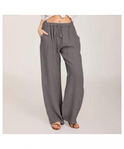 Women Long Linen Pants Casual Loose High Waist Drawstring Wide Leg Palazzo Pants Trousers with Pockets Baggy Slacks 02 Dark G...