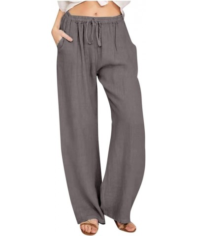 Women Long Linen Pants Casual Loose High Waist Drawstring Wide Leg Palazzo Pants Trousers with Pockets Baggy Slacks 02 Dark G...