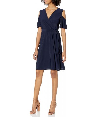 Women's Cutout Cold Shoulder Short Sleeve Faux Wrap Dress Navy Solid $20.68 Dresses