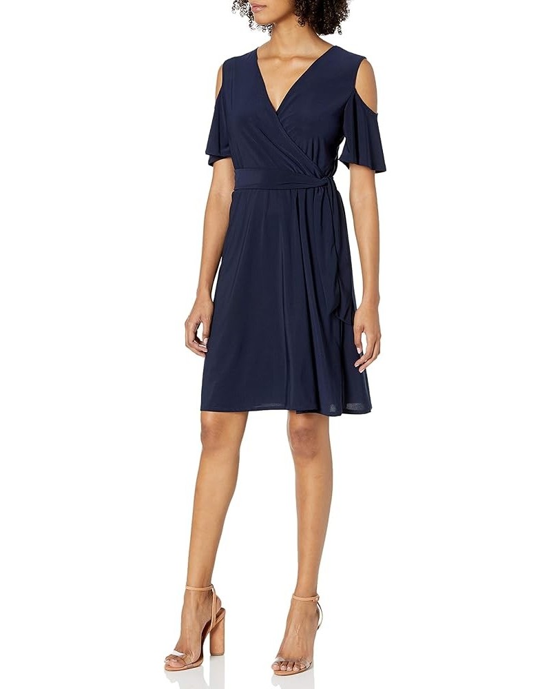 Women's Cutout Cold Shoulder Short Sleeve Faux Wrap Dress Navy Solid $20.68 Dresses