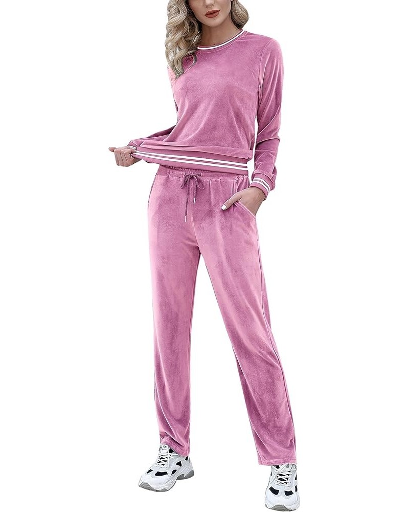 Velour Tracksuits Womens Sweatsuits Sets 2 Piece Outfits Long Sleeve Pullover and Wide Leg Sweatpants Jogging Suits Dark Pink...