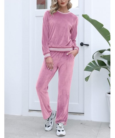 Velour Tracksuits Womens Sweatsuits Sets 2 Piece Outfits Long Sleeve Pullover and Wide Leg Sweatpants Jogging Suits Dark Pink...