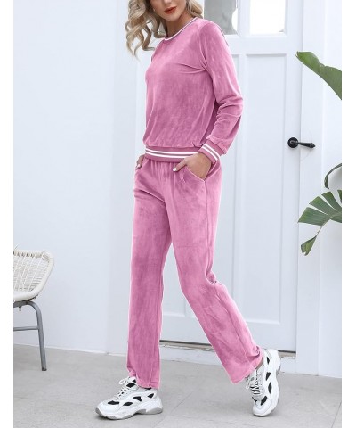 Velour Tracksuits Womens Sweatsuits Sets 2 Piece Outfits Long Sleeve Pullover and Wide Leg Sweatpants Jogging Suits Dark Pink...