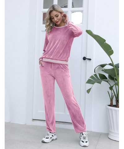 Velour Tracksuits Womens Sweatsuits Sets 2 Piece Outfits Long Sleeve Pullover and Wide Leg Sweatpants Jogging Suits Dark Pink...