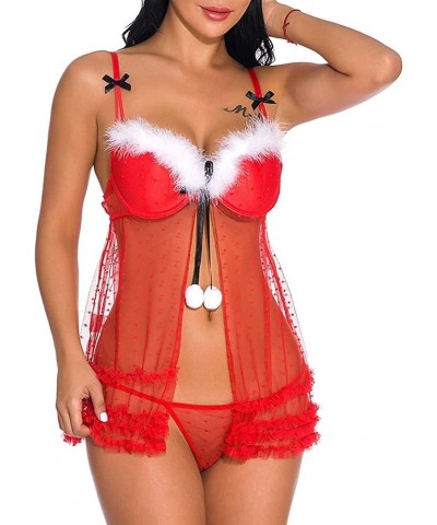 cooki Women Christmas Lingerie Sexy Open Front Chemises Babydolls V Neck Velvet Santa Lingerie Sets Corset Sleepwear A2-red $...