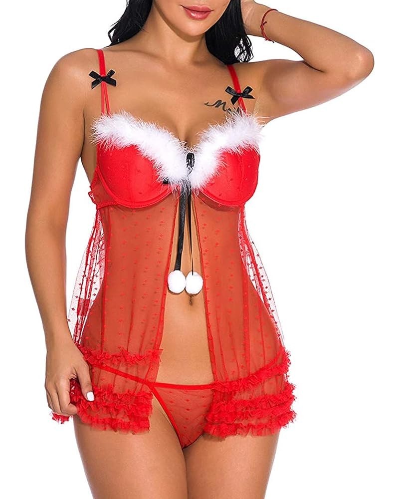 cooki Women Christmas Lingerie Sexy Open Front Chemises Babydolls V Neck Velvet Santa Lingerie Sets Corset Sleepwear A2-red $...