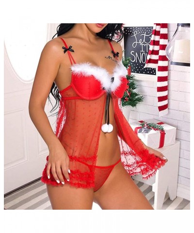 cooki Women Christmas Lingerie Sexy Open Front Chemises Babydolls V Neck Velvet Santa Lingerie Sets Corset Sleepwear A2-red $...