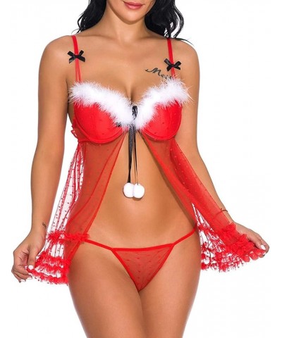 cooki Women Christmas Lingerie Sexy Open Front Chemises Babydolls V Neck Velvet Santa Lingerie Sets Corset Sleepwear A2-red $...