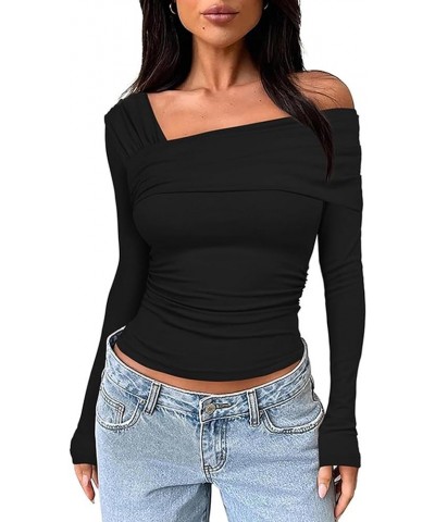 Women's One Off Shoulder Top Ruched Long Sleeve Going Out Tops Slim Fit Y2K Shirt Crop Top Black $10.50 Blouses