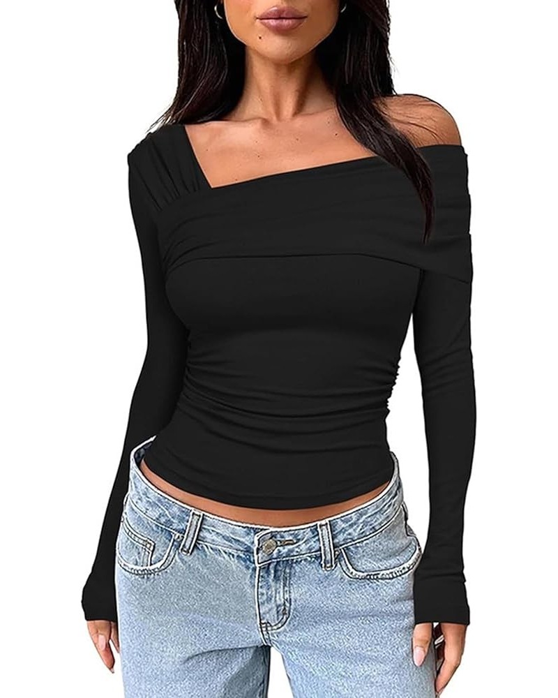 Women's One Off Shoulder Top Ruched Long Sleeve Going Out Tops Slim Fit Y2K Shirt Crop Top Black $10.50 Blouses