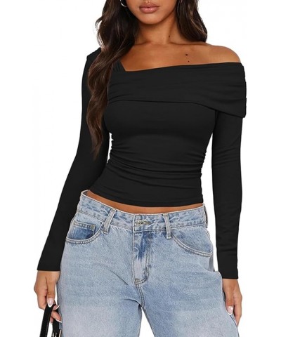 Women's One Off Shoulder Top Ruched Long Sleeve Going Out Tops Slim Fit Y2K Shirt Crop Top Black $10.50 Blouses