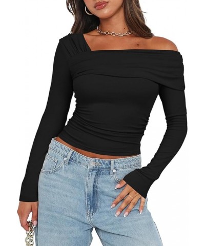 Women's One Off Shoulder Top Ruched Long Sleeve Going Out Tops Slim Fit Y2K Shirt Crop Top Black $10.50 Blouses