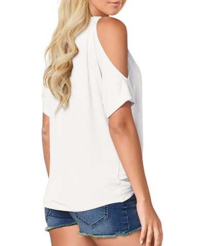 Womens Summer Cold Shoulder Tops Short Sleeve Front Twist Knot V Neck T Shirts Draped Blouses White $16.81 T-Shirts