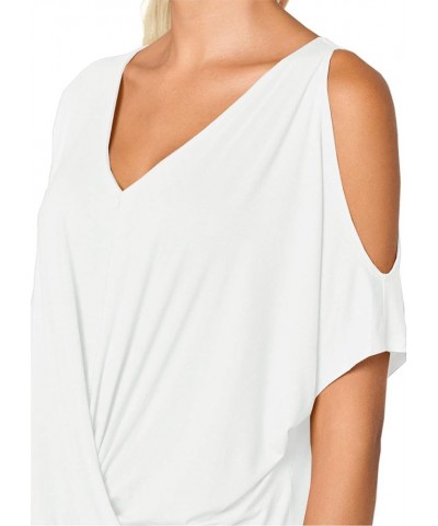 Womens Summer Cold Shoulder Tops Short Sleeve Front Twist Knot V Neck T Shirts Draped Blouses White $16.81 T-Shirts