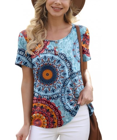 Women's Summer Floral Tunic Tops Casual Blouse Short Sleeve Buttons Up T-Shirts 21 Flower Multiple Blue $12.25 Blouses