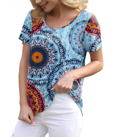 Women's Summer Floral Tunic Tops Casual Blouse Short Sleeve Buttons Up T-Shirts 21 Flower Multiple Blue $12.25 Blouses