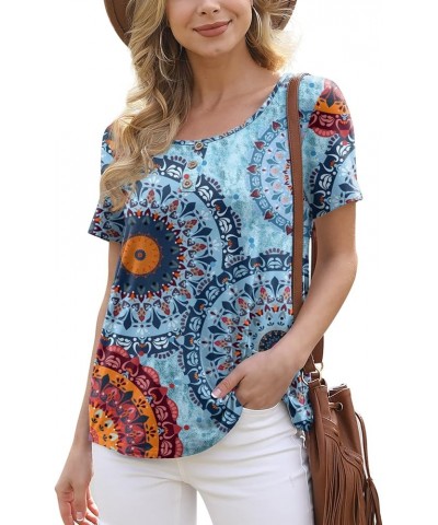 Women's Summer Floral Tunic Tops Casual Blouse Short Sleeve Buttons Up T-Shirts 21 Flower Multiple Blue $12.25 Blouses