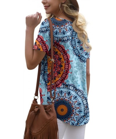 Women's Summer Floral Tunic Tops Casual Blouse Short Sleeve Buttons Up T-Shirts 21 Flower Multiple Blue $12.25 Blouses