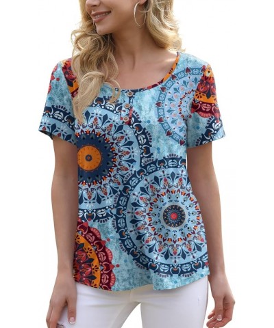 Women's Summer Floral Tunic Tops Casual Blouse Short Sleeve Buttons Up T-Shirts 21 Flower Multiple Blue $12.25 Blouses