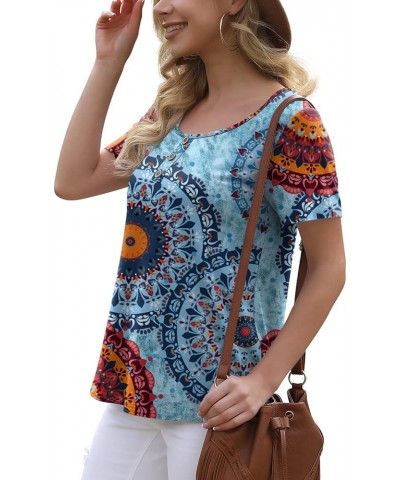 Women's Summer Floral Tunic Tops Casual Blouse Short Sleeve Buttons Up T-Shirts 21 Flower Multiple Blue $12.25 Blouses