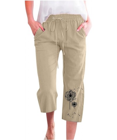 Women Linen Summer Pants Dandelion Pattern Capri Pants Drawstring Cropped Pants High Waist Beach Trouser 2023 J02-beige $6.95...