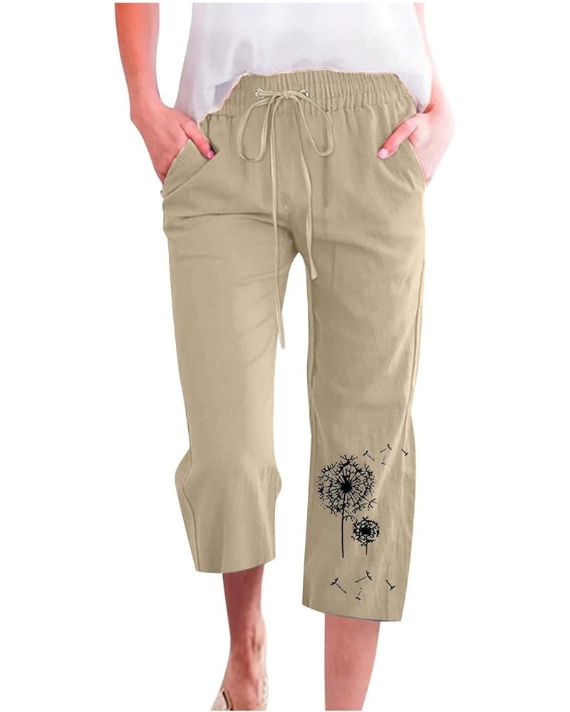 Women Linen Summer Pants Dandelion Pattern Capri Pants Drawstring Cropped Pants High Waist Beach Trouser 2023 J02-beige $6.95...